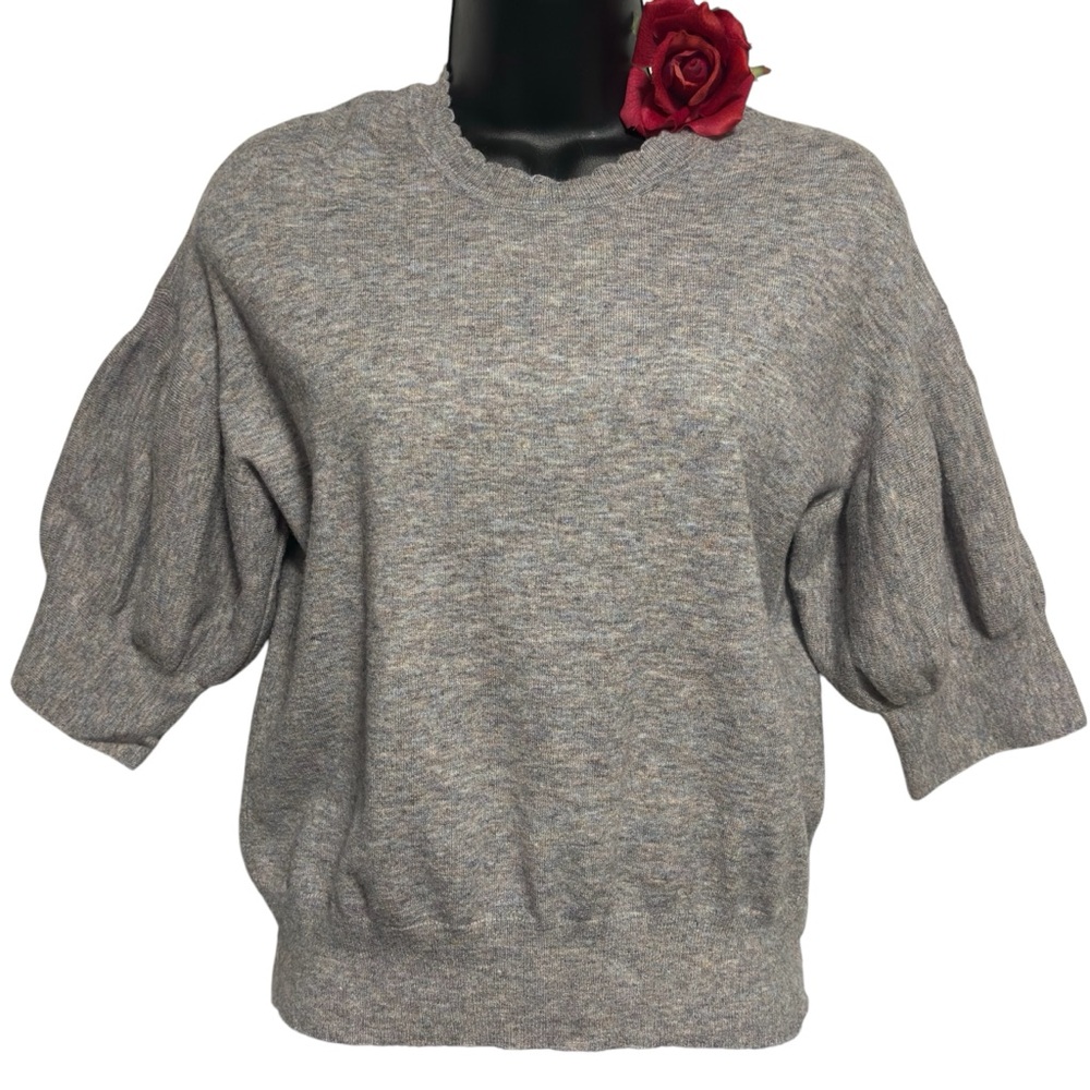 Anthropologie Ella Moss Maggie Puff Sleeve Scalloped Knit Sweater Gray Fairycore